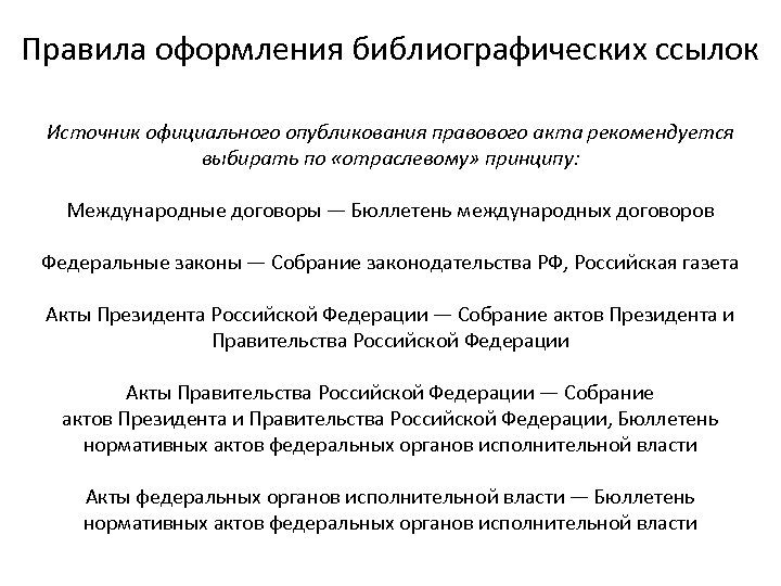 Правила оформления библиографических ссылок Источник официального опубликования правового акта рекомендуется выбирать по «отраслевому» принципу: