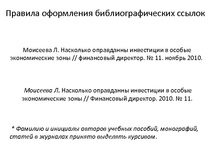 Правила оформления библиографических ссылок Моисеева Л. Насколько оправданны инвестиции в особые экономические зоны //