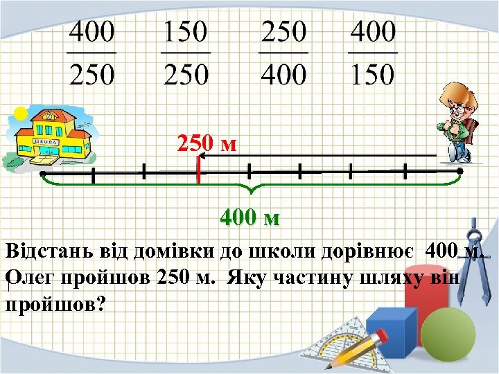 250 м 400 м Відстань від домівки до школи дорівнює 400 м. Олег пройшов