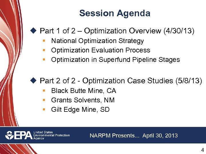 Session Agenda u Part 1 of 2 – Optimization Overview (4/30/13) § National Optimization