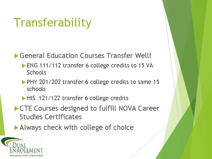 Transferability General Education Courses Transfer Well! ENG 111/112 transfer 6 college credits to 15