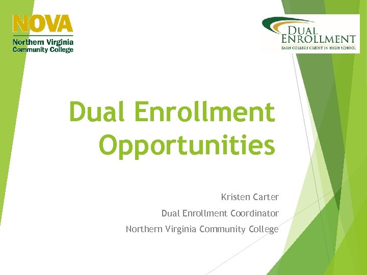 Dual Enrollment Opportunities Kristen Carter Dual Enrollment Coordinator Northern Virginia Community College 