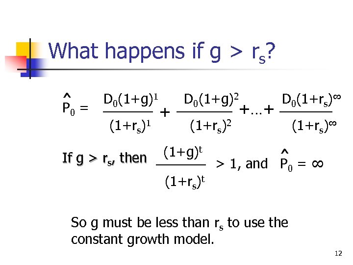 What happens if g > rs? ^ P 0 = D 0(1+g)1 (1+rs)1 If