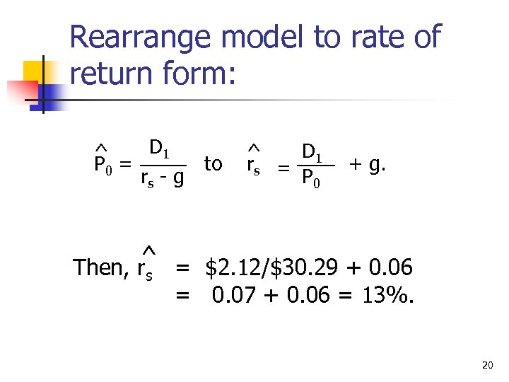 Rearrange model to rate of return form: D 1 ^ P 0 = rs