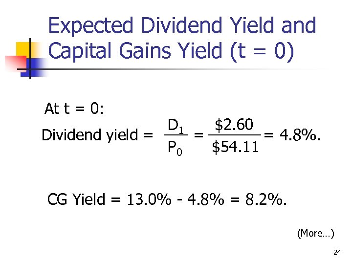 Expected Dividend Yield and Capital Gains Yield (t = 0) At t = 0: