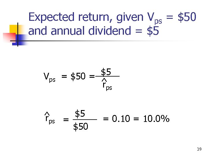 Expected return, given Vps = $50 and annual dividend = $5 Vps $5 =