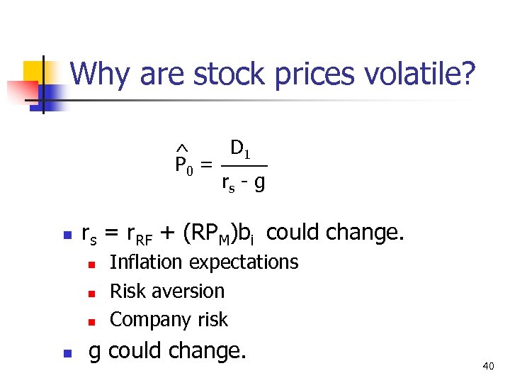 Why are stock prices volatile? D 1 ^ P 0 = rs - g