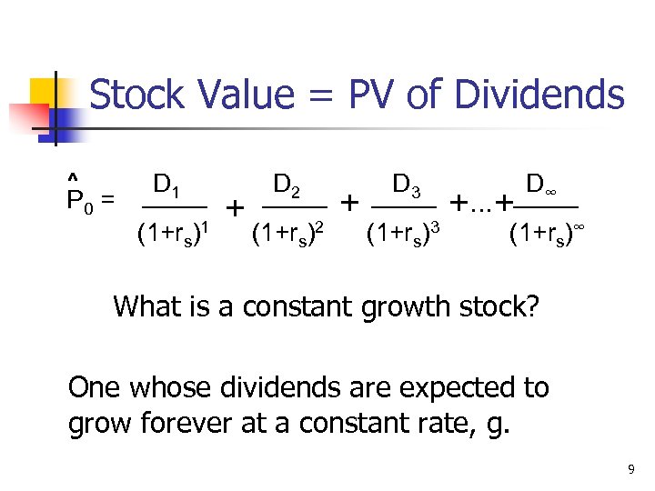 Stock Value = PV of Dividends ^ P 0 = D 1 (1+rs)1 +