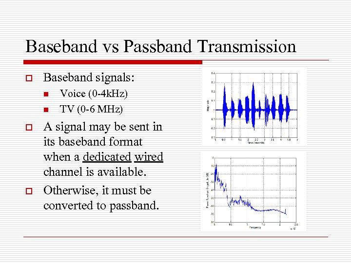 Baseband vs Passband Transmission o Baseband signals: n n o o Voice (0 -4