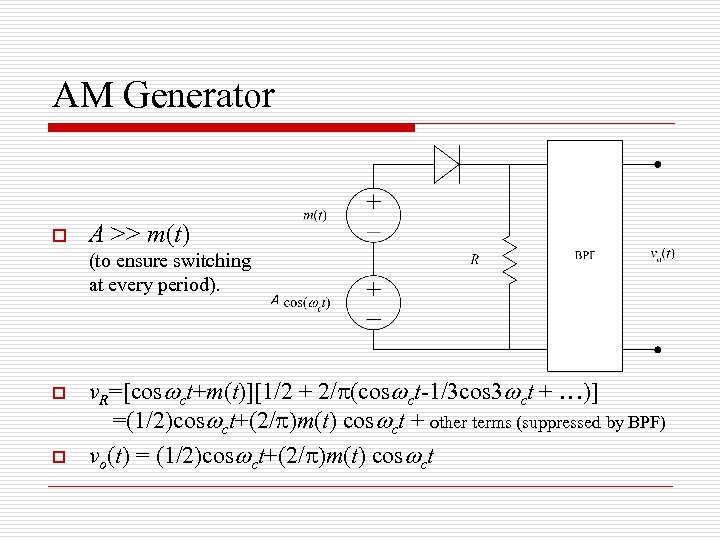 AM Generator o A >> m(t) (to ensure switching at every period). o o