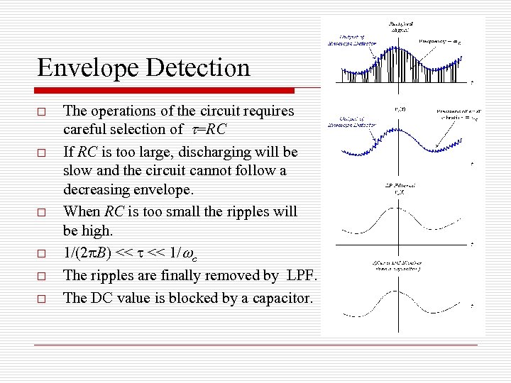 Envelope Detection o o o The operations of the circuit requires careful selection of