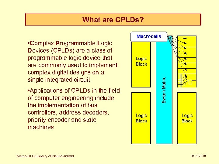 What are CPLDs? • Complex Programmable Logic Devices (CPLDs) are a class of programmable