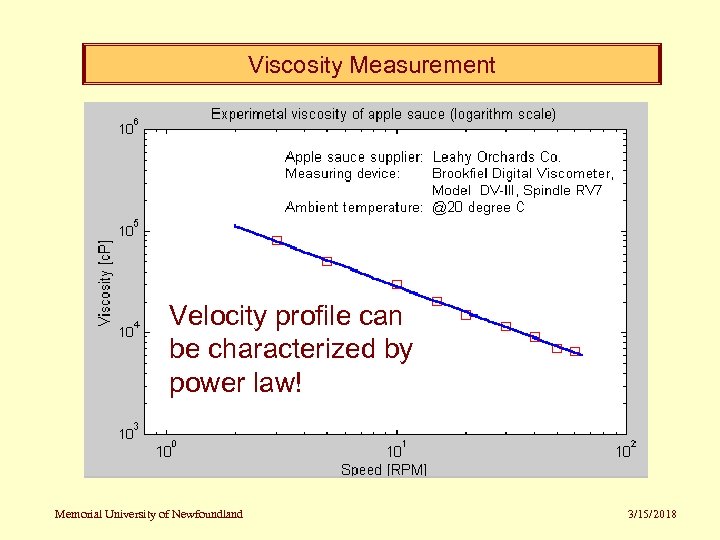 Viscosity Measurement Velocity profile can be characterized by power law! Memorial University of Newfoundland