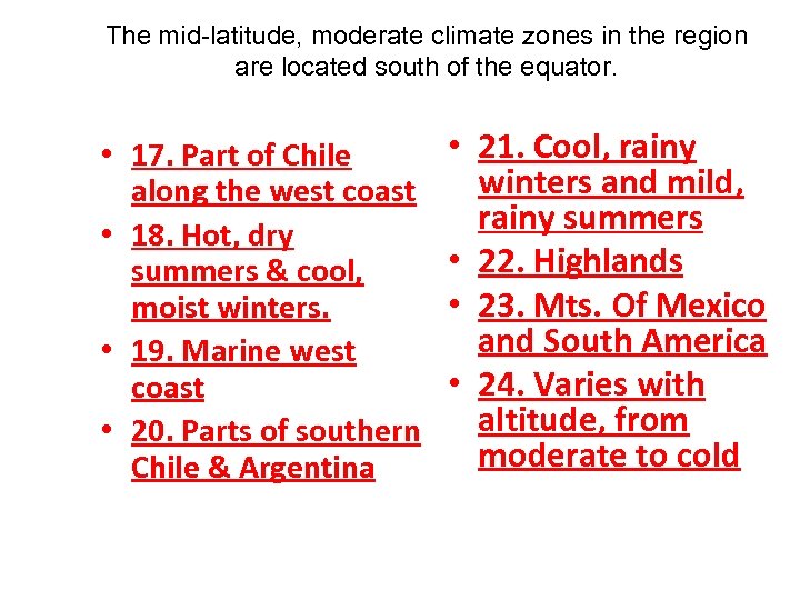 The mid-latitude, moderate climate zones in the region are located south of the equator.