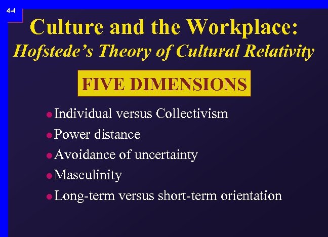 4 -4 Culture and the Workplace: Hofstede’s Theory of Cultural Relativity FIVE DIMENSIONS l