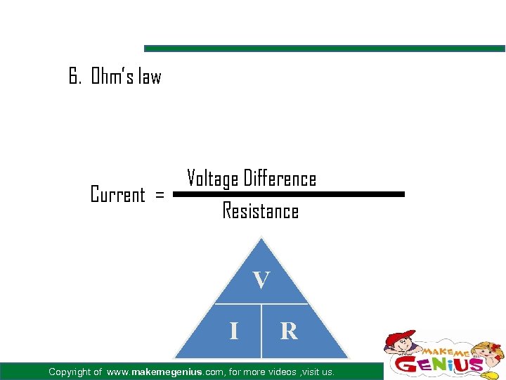 6. Ohm’s law Voltage Difference Current = Resistance V I R Copyright of www.