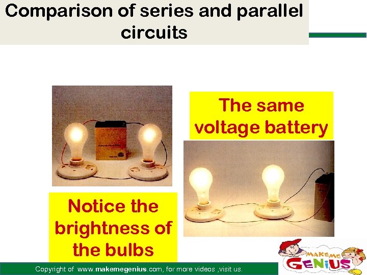 Comparison of series and parallel circuits The same voltage battery Notice the brightness of