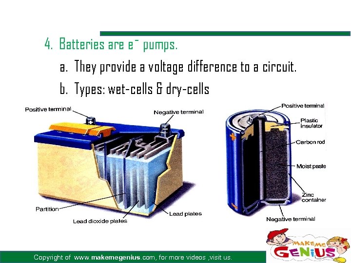 4. Batteries are e¯ pumps. a. They provide a voltage difference to a circuit.