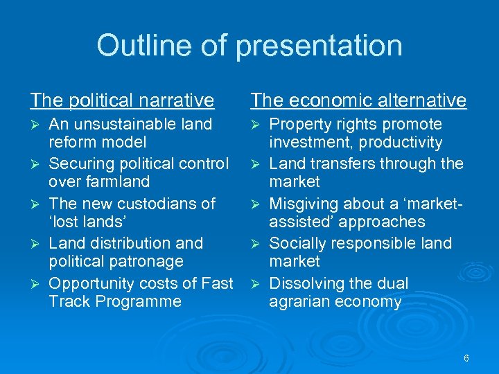 Outline of presentation The political narrative Ø Ø Ø An unsustainable land reform model