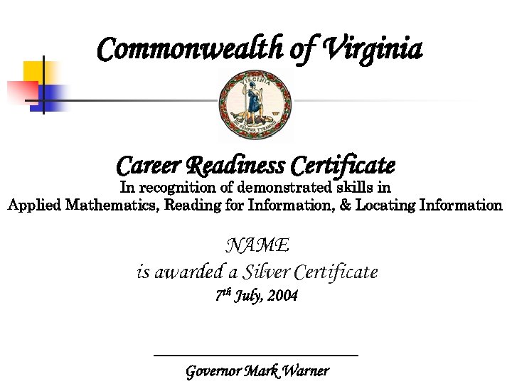 Commonwealth of Virginia Career Readiness Certificate In recognition of demonstrated skills in Applied Mathematics,