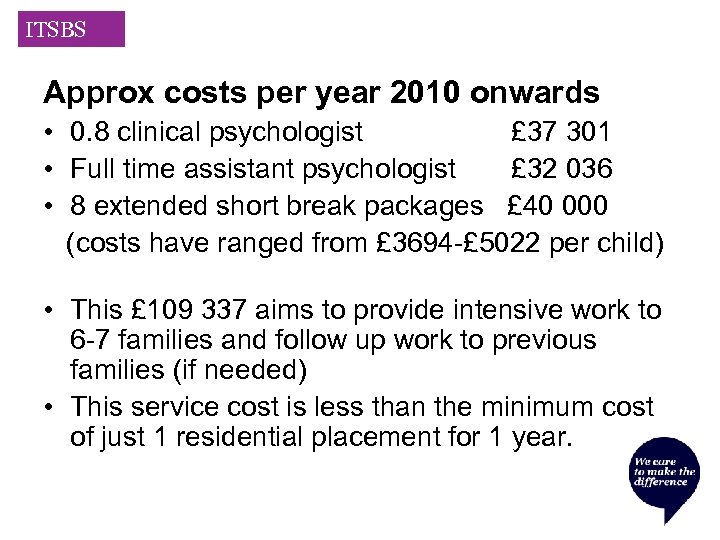 ITSBS Approx costs per year 2010 onwards • 0. 8 clinical psychologist £ 37