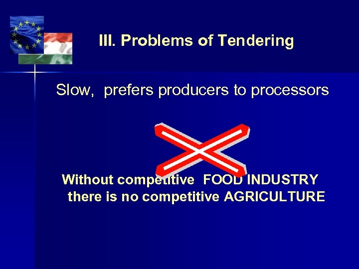 III. Problems of Tendering Slow, prefers producers to processors Without competitive FOOD INDUSTRY there