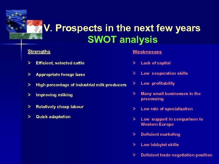 V. Prospects in the next few years SWOT analysis Strengths Weaknesses Efficient, selected cattle