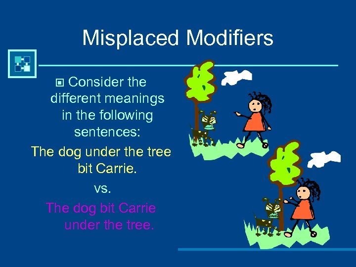 Misplaced Modifiers Consider the different meanings in the following sentences: The dog under the