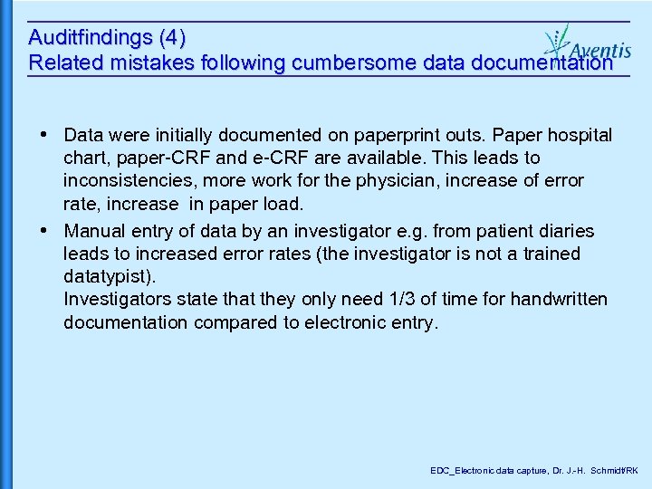 Auditfindings (4) Related mistakes following cumbersome data documentation Data were initially documented on paperprint