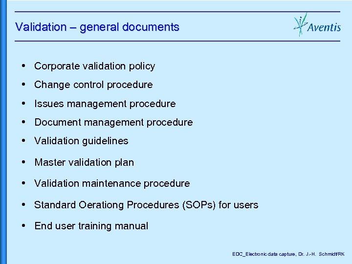 Validation – general documents Corporate validation policy Change control procedure Issues management procedure Document