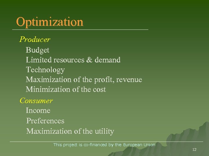 Optimization Producer Budget Limited resources & demand Technology Maximization of the profit, revenue Minimization