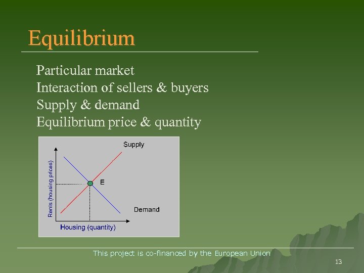 Equilibrium Particular market Interaction of sellers & buyers Supply & demand Equilibrium price &