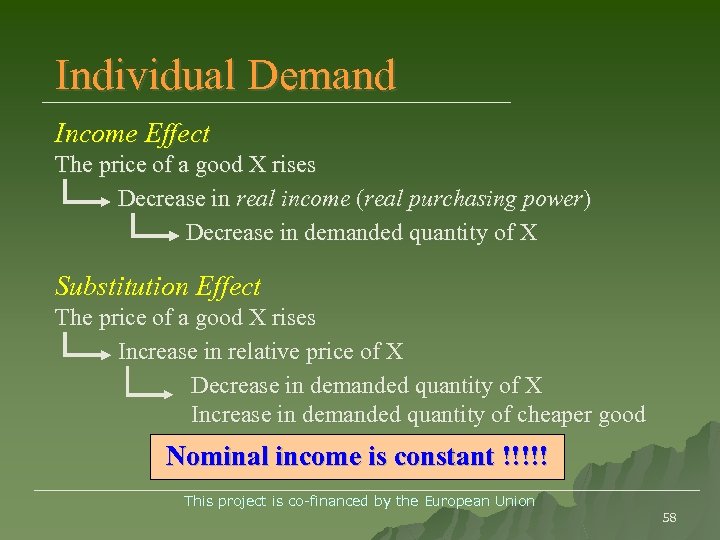 Individual Demand Income Effect The price of a good X rises Decrease in real