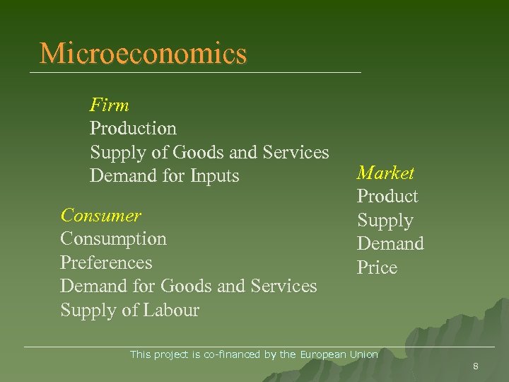 Microeconomics Firm Production Supply of Goods and Services Demand for Inputs Consumer Consumption Preferences