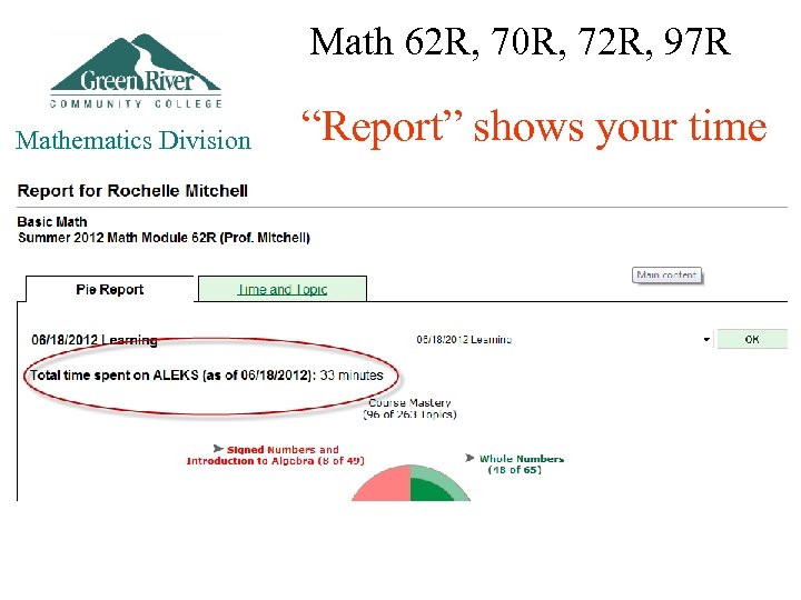 Math 62 R, 70 R, 72 R, 97 R Mathematics Division “Report” shows your