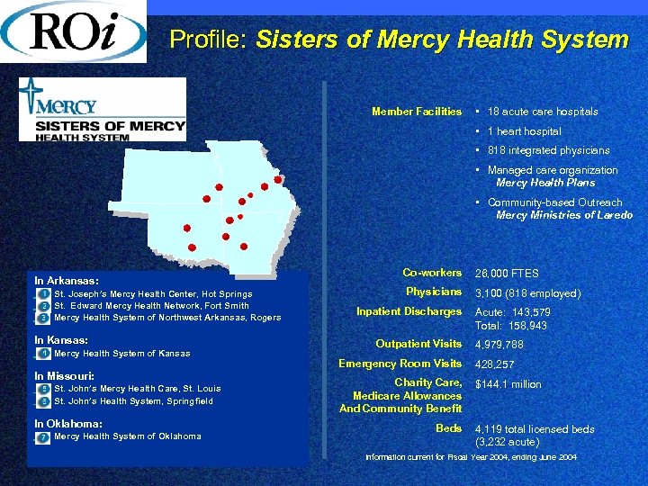 Profile: Sisters of Mercy Health System Member Facilities • 18 acute care hospitals •