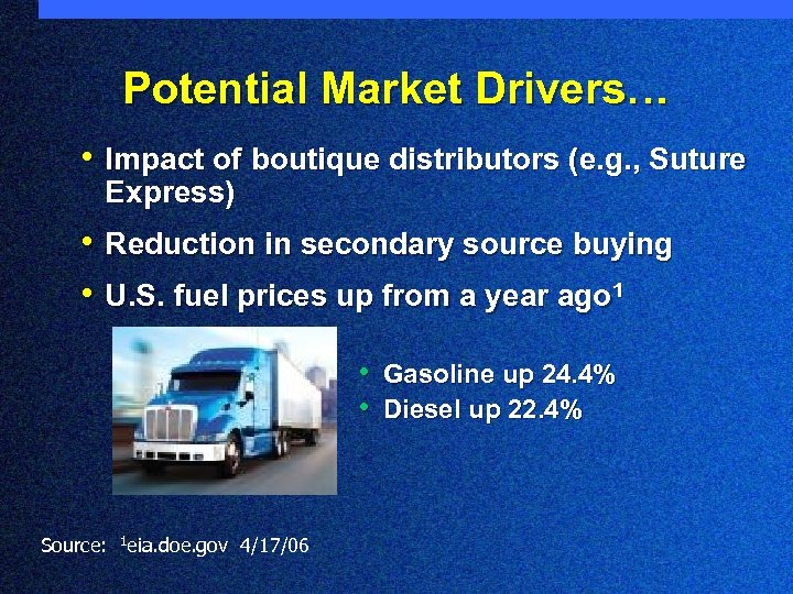 Potential Market Drivers… • Impact of boutique distributors (e. g. , Suture Express) •