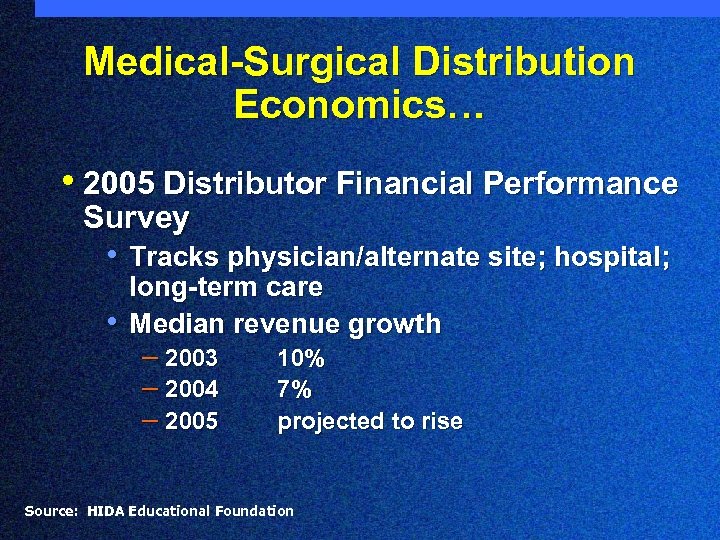 Medical-Surgical Distribution Economics… • 2005 Distributor Financial Performance Survey • Tracks physician/alternate site; hospital;