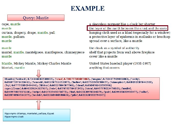 EXAMPLE Query: Mantle: [('bedrock', 0. 73414662625100835), ('crust', 0. 72017571026073068), ('magma', 0. 71141779190811061), ('cavity', 0.
