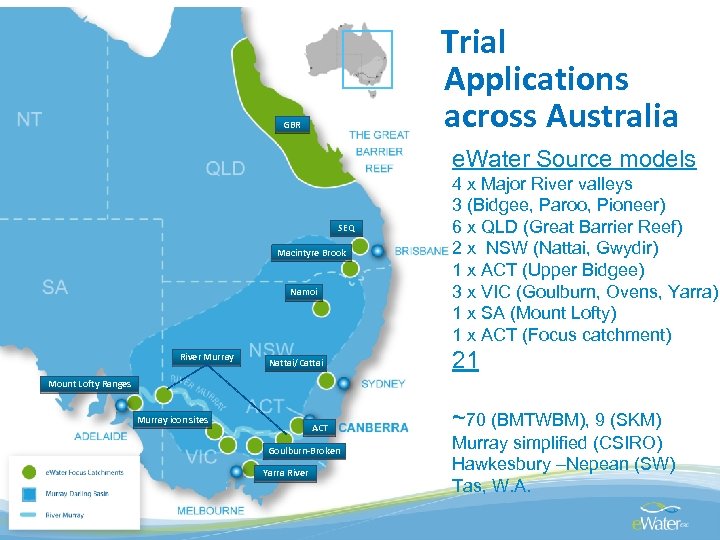 Trial Applications across Australia GBR e. Water Source models SEQ Macintyre Brook Namoi River