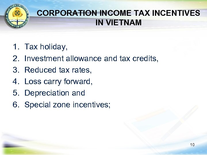 CORPORATION INCOME TAX INCENTIVES IN VIETNAM 1. 2. 3. 4. 5. 6. Tax holiday,
