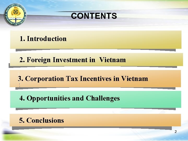 CONTENTS 1. Introduction 2. Foreign Investment in Vietnam 3. Corporation Tax Incentives in Vietnam