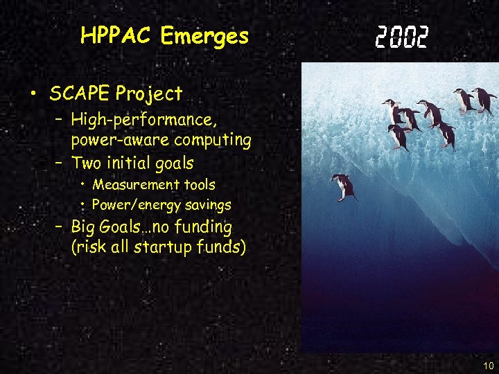 HPPAC Emerges 2002 • SCAPE Project – High-performance, power-aware computing – Two initial goals