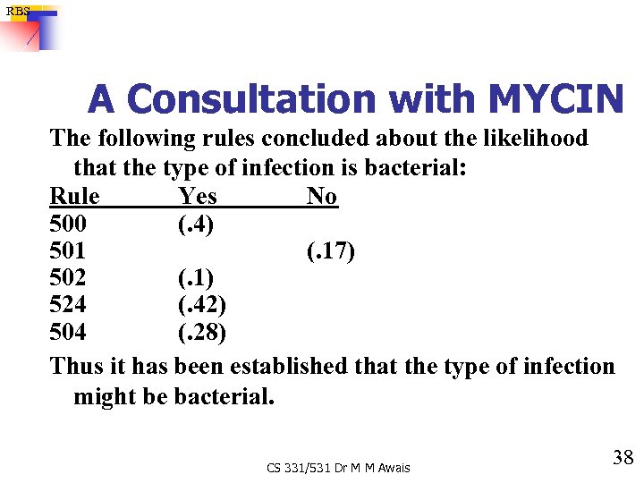 RBS A Consultation with MYCIN The following rules concluded about the likelihood that the