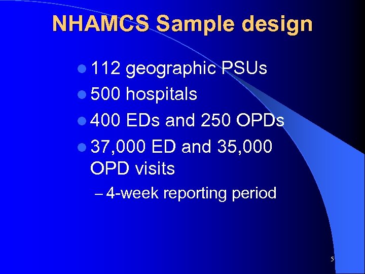 NHAMCS Sample design l 112 geographic PSUs l 500 hospitals l 400 EDs and