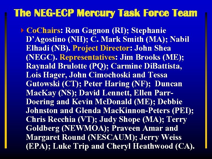 The NEG-ECP Mercury Task Force Team 4 Co. Chairs: Ron Gagnon (RI); Stephanie D’Agostino