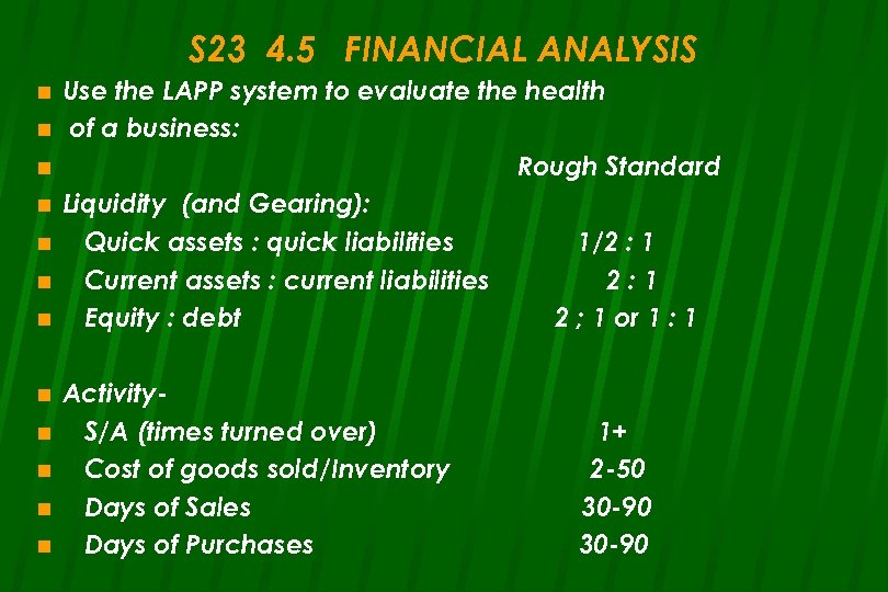 S 23 4. 5 FINANCIAL ANALYSIS n n n Use the LAPP system to