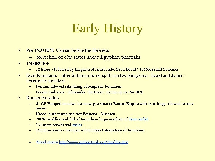 Early History • Pre 1500 BCE Canaan before the Hebrews – collection of city