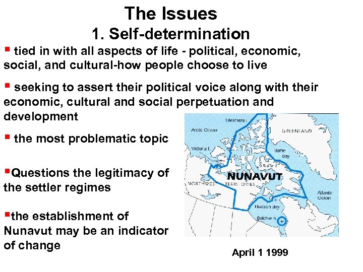 The Issues 1. Self-determination tied in with all aspects of life - political, economic,