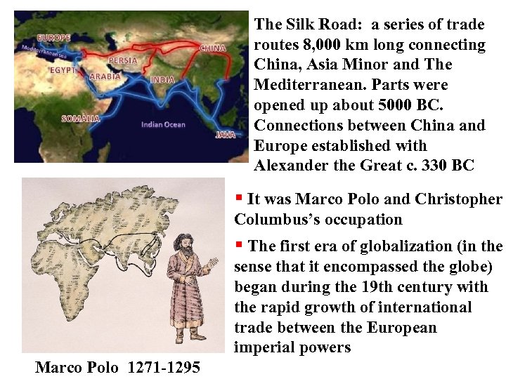 The Silk Road: a series of trade routes 8, 000 km long connecting China,